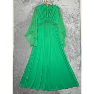 Vintage 70’s green angel sleeve maxi dress - sheer - goddess - flowers - m/l